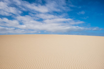 Fototapeta na wymiar minimal image of a landscape with two colors blue and yellow, desert ground or soft sandy beach and blue sky with white clouds. background and wallpaper from fuerteventura canary islands