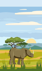 Cute cartoon rhiniceros on background landscape savannah Africa illustration, vector, isolated