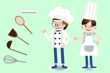 Cartoon Character for animation , separate layer ,joint and or Main organs. A cute Boy and Girl chef .  Kitchenware : Whisk ,Dipper,turner,Ladder,dish.