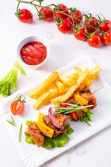 shish kebab skewers with marinated ham meat paprika and red onion