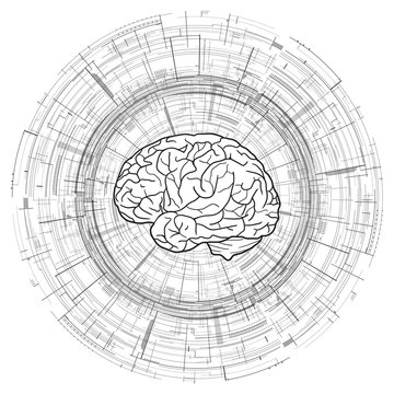 Human brain on  technical circular background. Microchips. Blueprint. Vector black and white background for your creativity