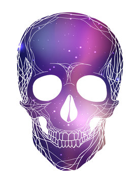 Human skull with cosmic background. Cosmos and nebulae.  Vector element for your design 