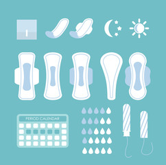 Vector illustration set of women s hygiene pads, tampons and other hygiene products and infographic elements on the blue background in flat cartoon style. - obrazy, fototapety, plakaty