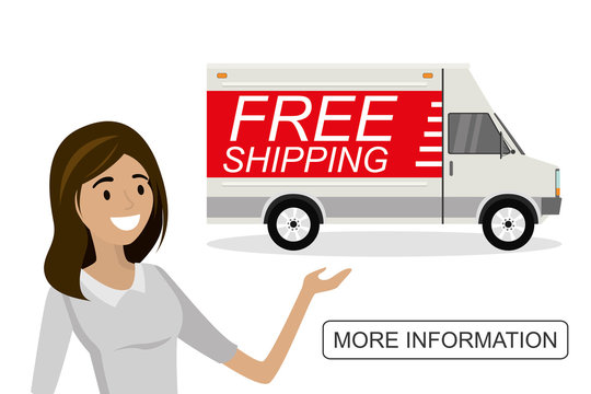 Smiling business woman,Delivery truck and text Free shipping