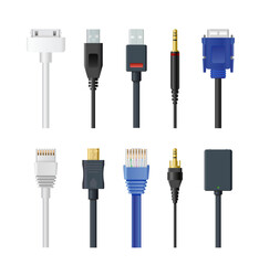 Vector illustration set of socket, cable, plug and wire, computer, audio, usb, hdmi, network and electric other connectors isolated on white background.