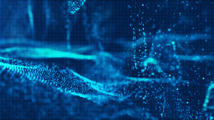 Digital blue color sparkling wave particles flow abstract background for your business