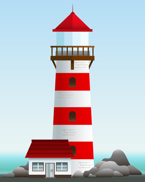 Cartoon lighthouse with house on the rock. Vector illustration. Landscape 