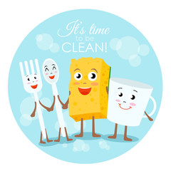 Vector illustration of cleaning concept in flat style. Cartoon yellow sponge washing cup and cutlery.