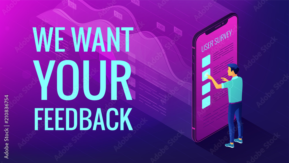 Poster isometric big data analysis and feedback concept. a man in front of mobile screen with 3d visual dat