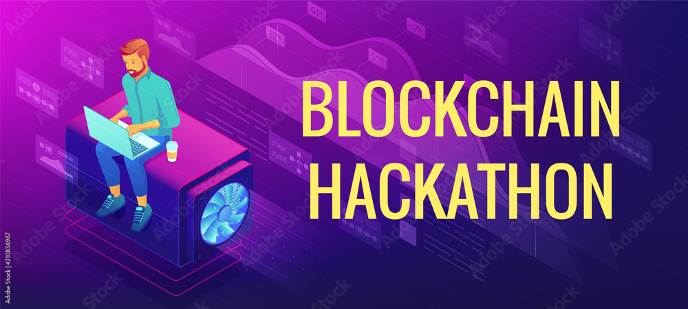 Poster isometric blockchain hackathon landing page concept. blockchain developer with laptop as team member