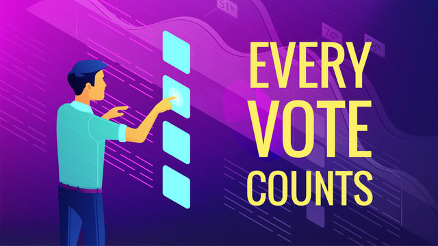 Isometric big data analysis, feedback and voting concept. A man in front of virtual interface with visual data elements and title every vote counts in violet color. Vector ultraviolet background.