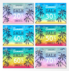 Fototapeta na wymiar Summer Sale - set of flyers with tropical palms. Vector.