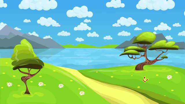 Animated fairytale lake landscape with fluffy clouds in the sky. Cartoon landscape background. Seamless loop flat animation.