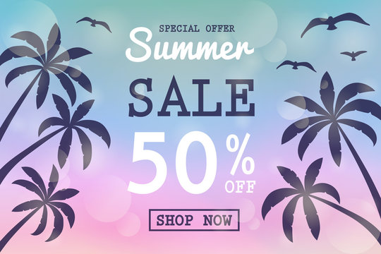 Summer Sale - shiny poster with palms and seagulls. Vector.