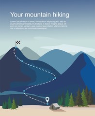 Hiking route infographic. Layers of mountain landscape with fir trees 