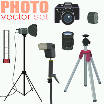 Nice vector set of photo equipment: camera, film 35mm, flash, lightning equipment, lens, lens hood, tripod. Suitable for web or printing. 