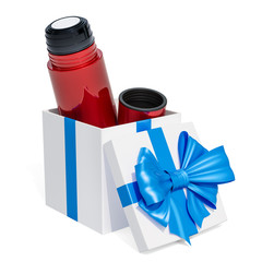 Thermos inside gift box, gift concept. 3D rendering