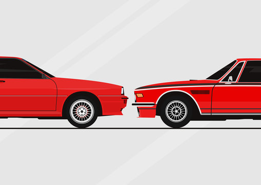 Two cars facing each other. Infographic with two cars. Flat vector.
