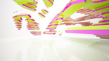 Abstract white and colored gradient  interior multilevel public space with window. 3D illustration and rendering.
