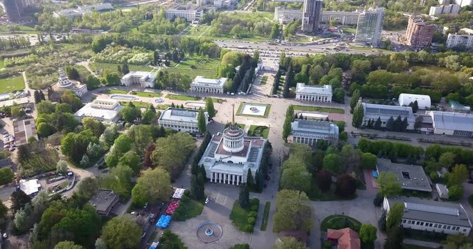 Panoramic video shooting from the drone to the National Exhibition Center and Kyiv National University Tarasa Shevchenka in Kiev, Ukraine. Slow motion view from drone in 4K.