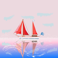 Vector summer sea landscape. Ship with scarlet sails, calm sea and pink sunrise, romantic picture . vector illustration of nature.