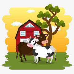 cows in the farm scene vector illustration design