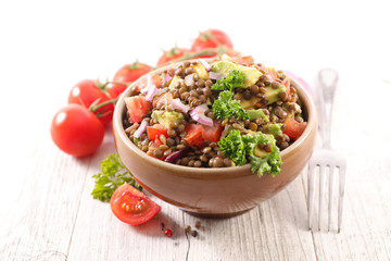 lentils salad with tomato, avocado and onion