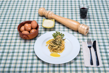 Spaghetti to asparagus Carbonara, typical italian dish