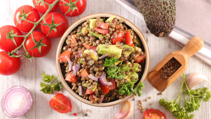 lentils salad with tomato, avocado and onion