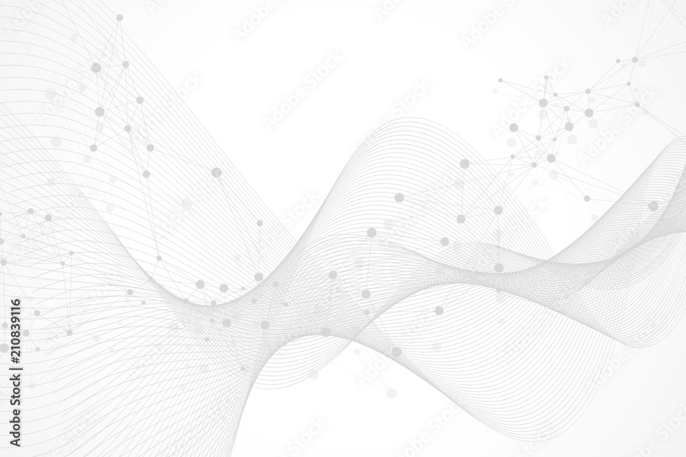 Poster Geometric abstract background with connected lines and dots. Wave flow. Molecule and communication background. Graphic background for your design. Vector illustration