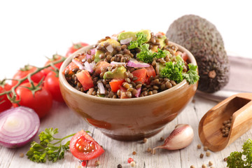 lentils salad with tomato, avocado and onion