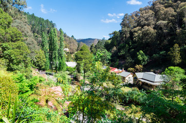 Aerial view of the isolated former gold mining town of Walhalla, Australia.