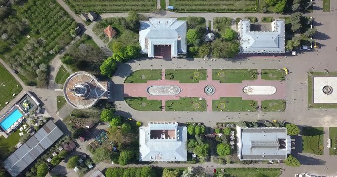Panoramic video shooting from the drone above the central square of the National Exhibition Center in Kiev, Ukraine. Dolly out motion view from drone in 4K