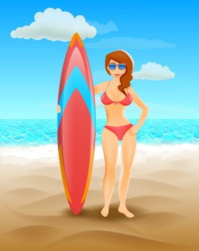 Surfer girl on a beach. Woman with surfboard. Summer tropical vacation. Cartoon character illustration