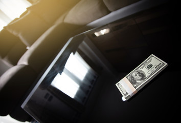 Bonus Money 100 US dollars banknotes on the table in happy home . Independent Business, finance...
