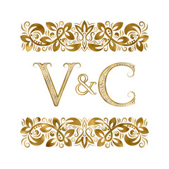 V and C vintage initials logo symbol. The letters are surrounded by ornamental elements. Wedding or business partners monogram in royal style.