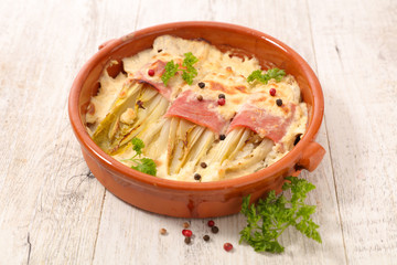 baked chicory with cream and ham