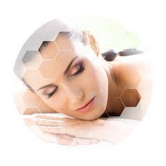 Young and beautiful woman in spa. Collage with honeycomb tiles. Healing and massaging concept.