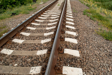 The railway line with a turn goes into the distance. Excellent journey by train. The railway passes through the forest