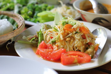 Papaya salad on table,National food of Thailand