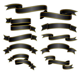 Set of black curved ribbon with golden border. JPG include isolated path