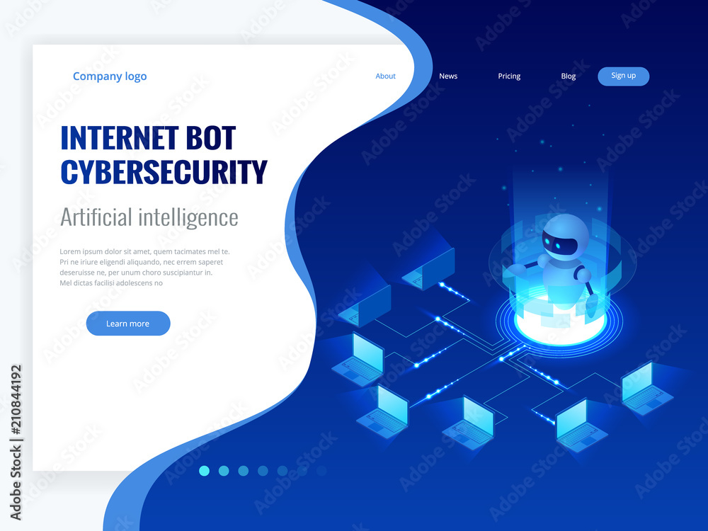 Poster isometric internet bot and cybersecurity, artificial intelligence concept. chatbot free robot virtua