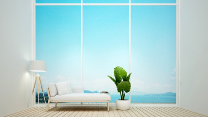 Daybed on living room with sea view and bright sky in hotel or resort - Living room simple design artwork for vacation time - 3D Rendering