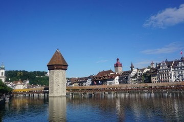 Obraz premium Water tower in Switzerland town at a lake