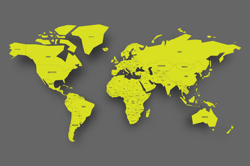 Fototapeta na wymiar Political map of World. Green map with country borders and labels with dropped shadow on dark grey background. Vector illustration.