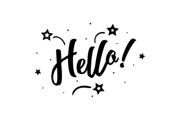 Fototapeta premium Hello. Beautiful greeting card poster, calligraphy black text Word star fireworks. Hand drawn, design elements. Handwritten modern brush lettering on a white background isolated vector