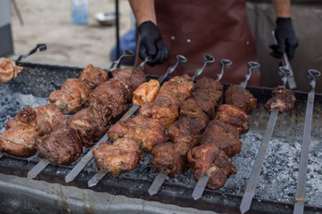 shish kebabs, tasty meat is roasted on coals, grill