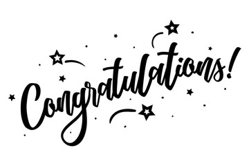 Congratulations. Beautiful greeting card poster, calligraphy black text Word star fireworks. Hand drawn, design elements. Handwritten modern brush lettering on a white background isolated vector