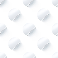 Blank white round transparent stickers mock up seamless pattern, 3d rendering. Empty circle adhesive sticky label mockup with fold. Clear tileable patern for glass door or wall.