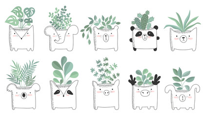 Vector set of cute posters with house plant in funny animal pot